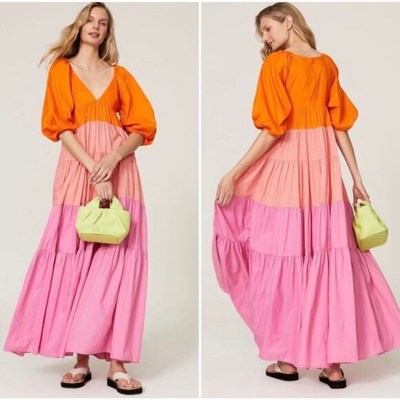 Staud Meadow Color Block Maxi Dress Puff Sleeves Pink Orange Size XS V-Neck - Picture 9 of 9